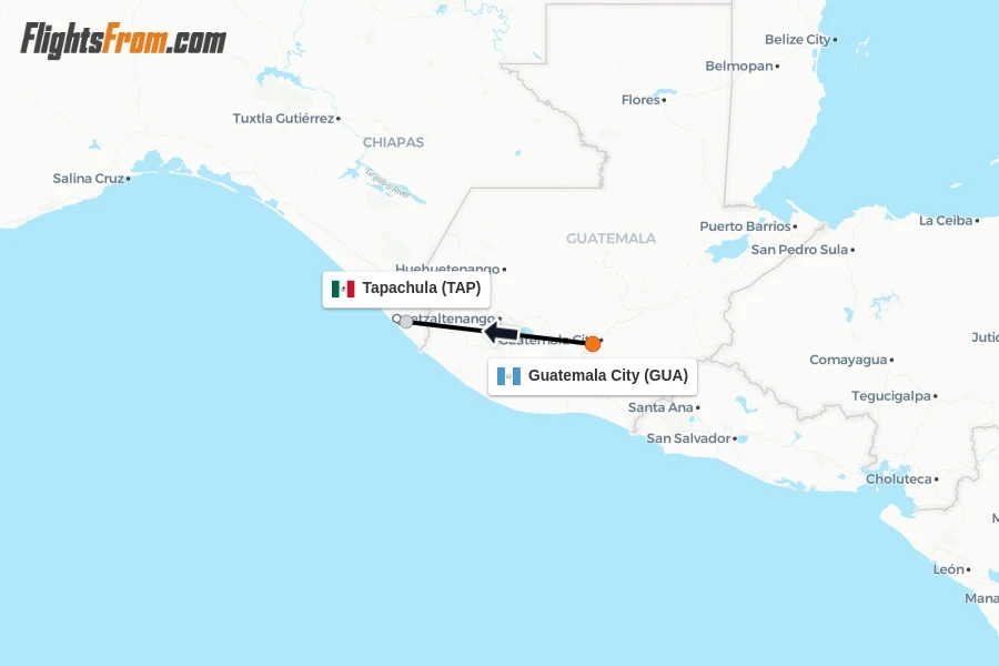 Flights from Guatemala City to Tapachula route map