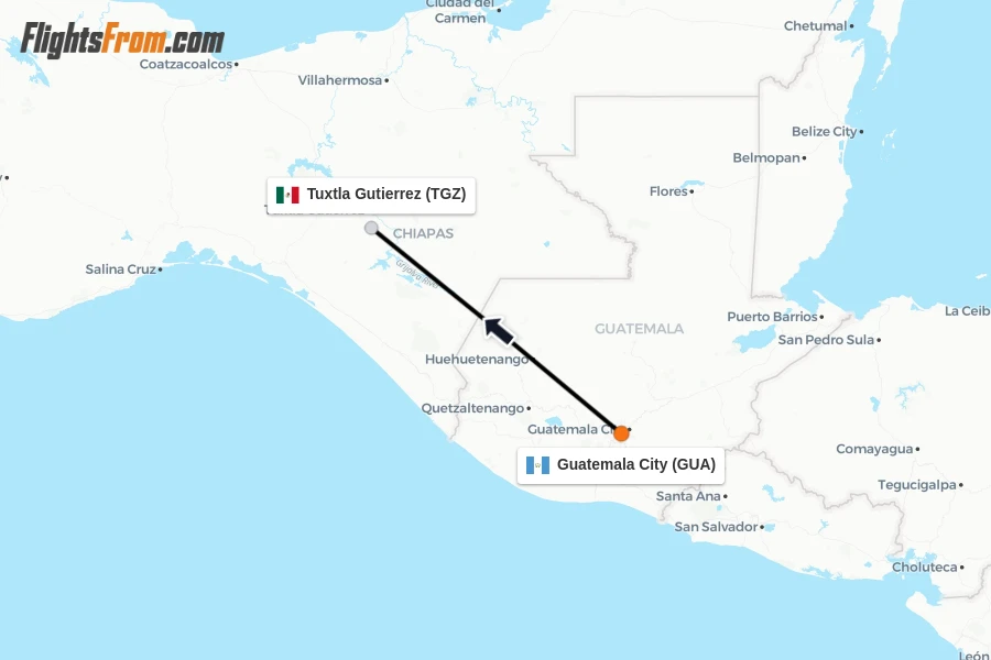 Flights from Guatemala City to Tuxtla Gutierrez route map