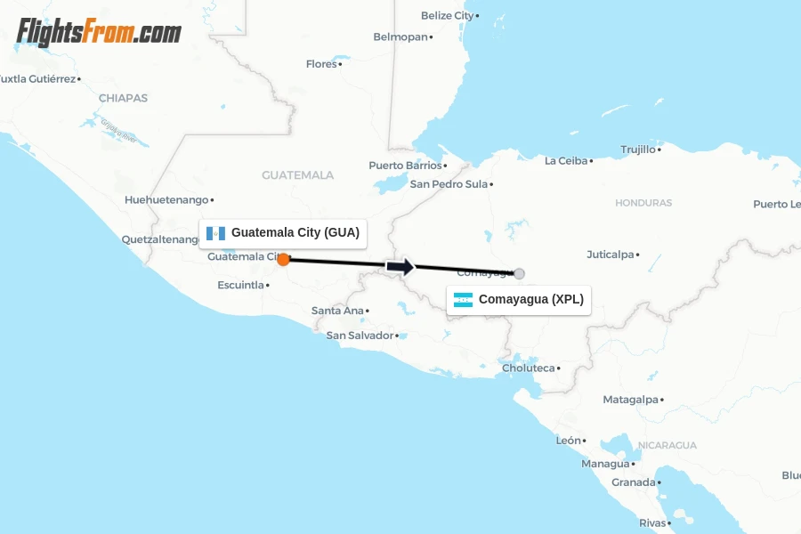 Flights from Guatemala City to Comayagua route map