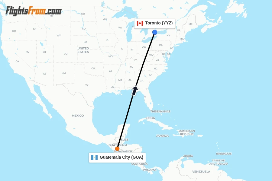Flights from Guatemala City to Toronto route map