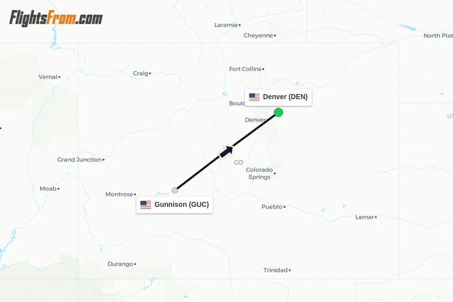 Flights from Gunnison to Denver route map