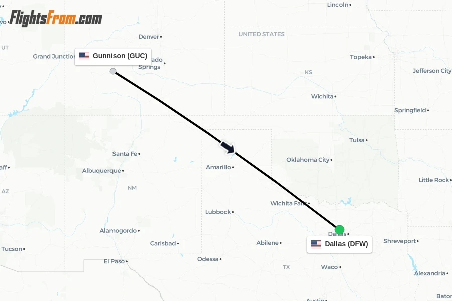 Flights from Gunnison to Dallas route map