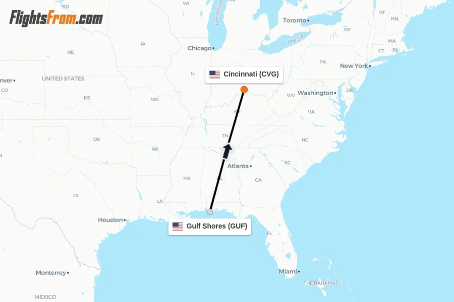 Flights from Gulf Shores to Cincinnati route map