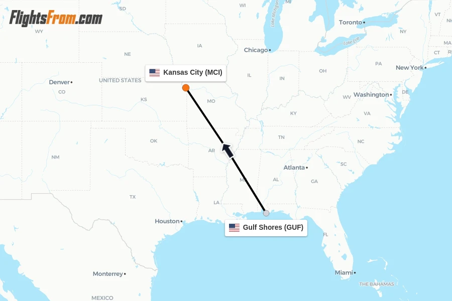 Flights from Gulf Shores to Kansas City route map
