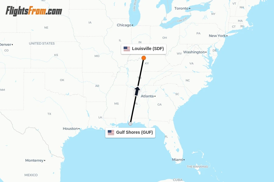 Flights from Gulf Shores to Louisville route map