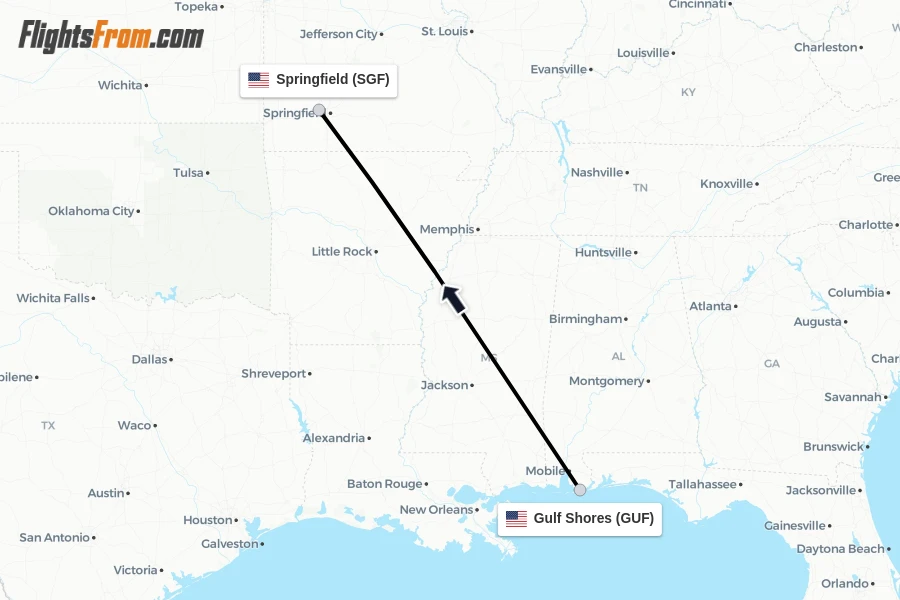 Flights from Gulf Shores to Springfield route map