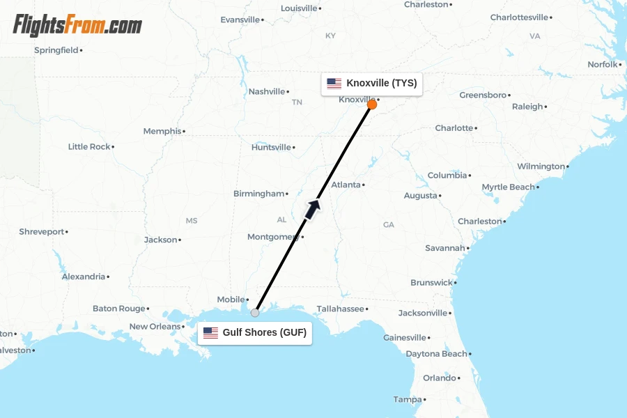 Flights from Gulf Shores to Knoxville route map