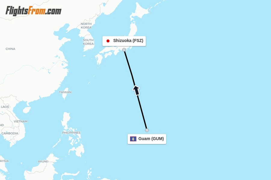 Flights from Guam to Shizuoka route map