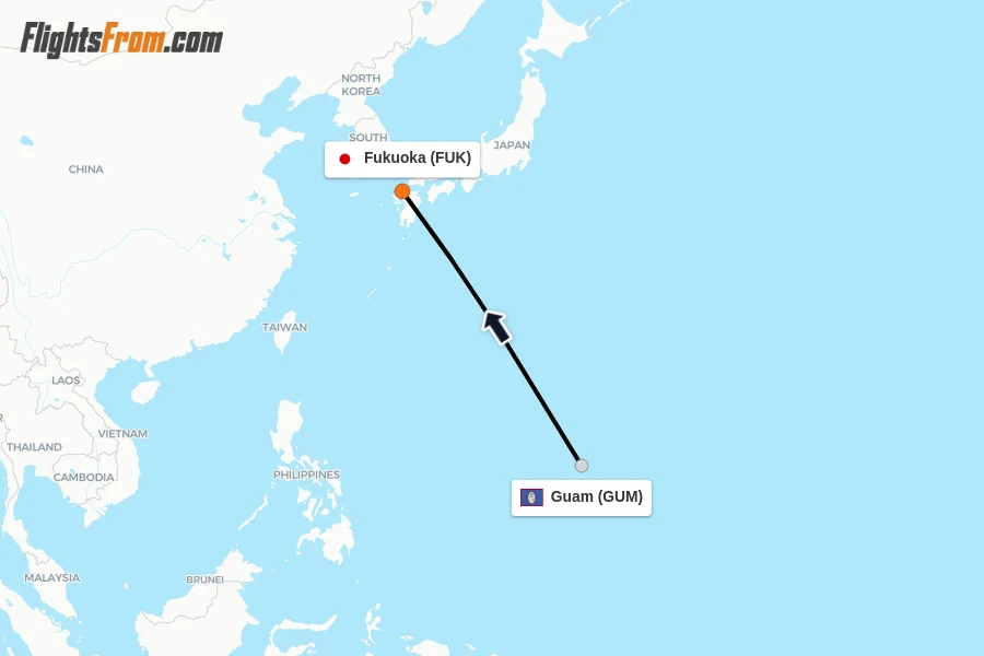 Flights from Guam to Fukuoka route map