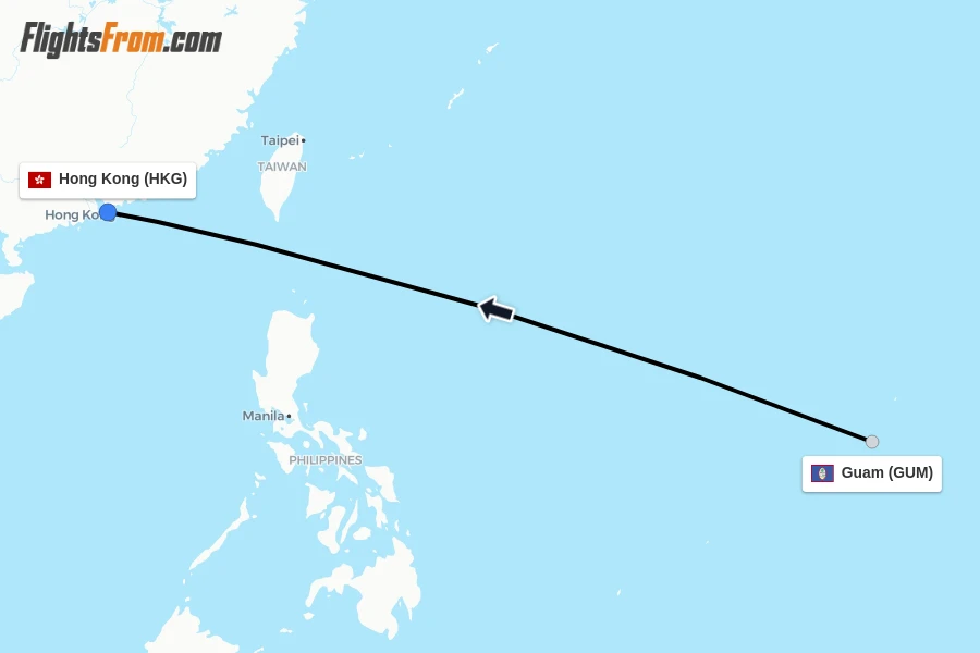 Flights from Guam to Hong Kong route map