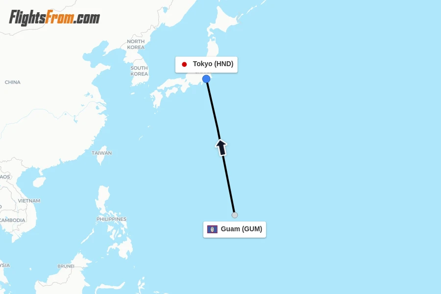 Flights from Guam to Tokyo route map