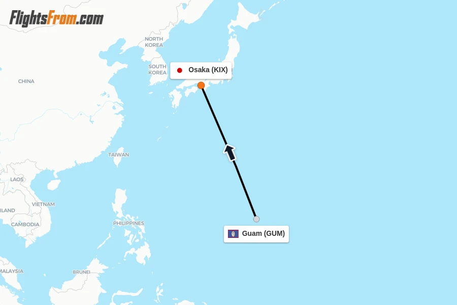 Flights from Guam to Osaka route map