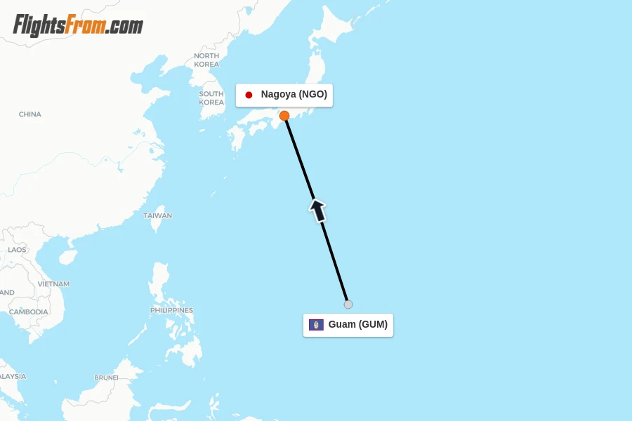 Flights from Guam to Nagoya route map