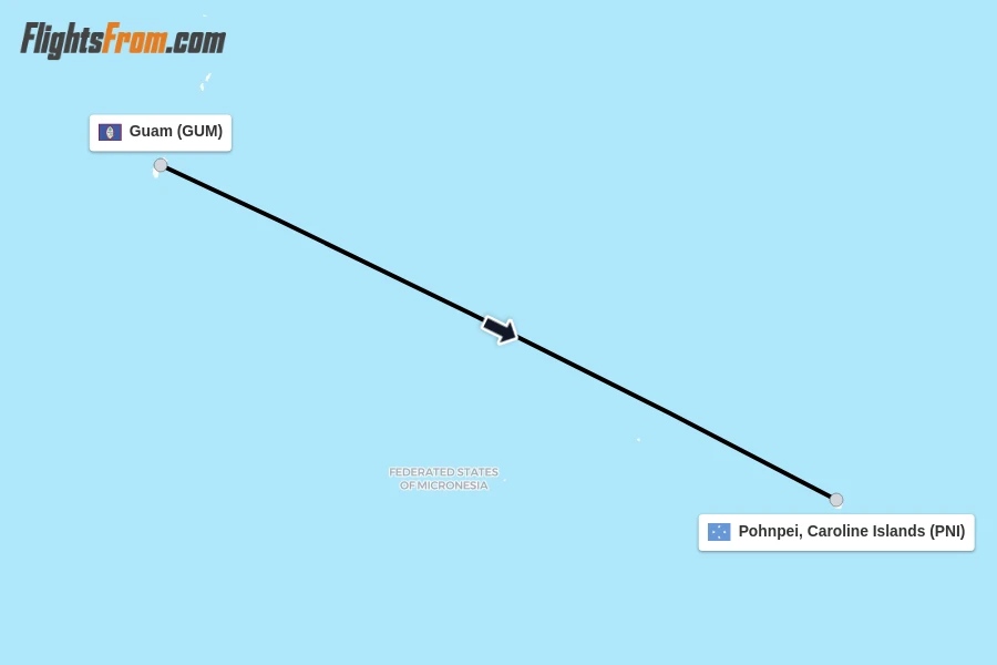 Flights from Guam to Pohnpei, Caroline Islands route map