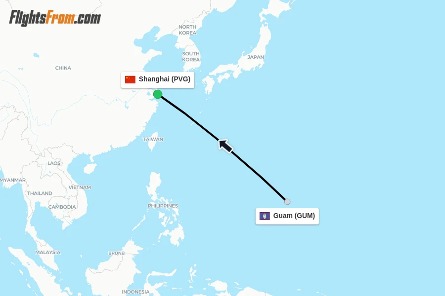 Flights from Guam to Shanghai route map
