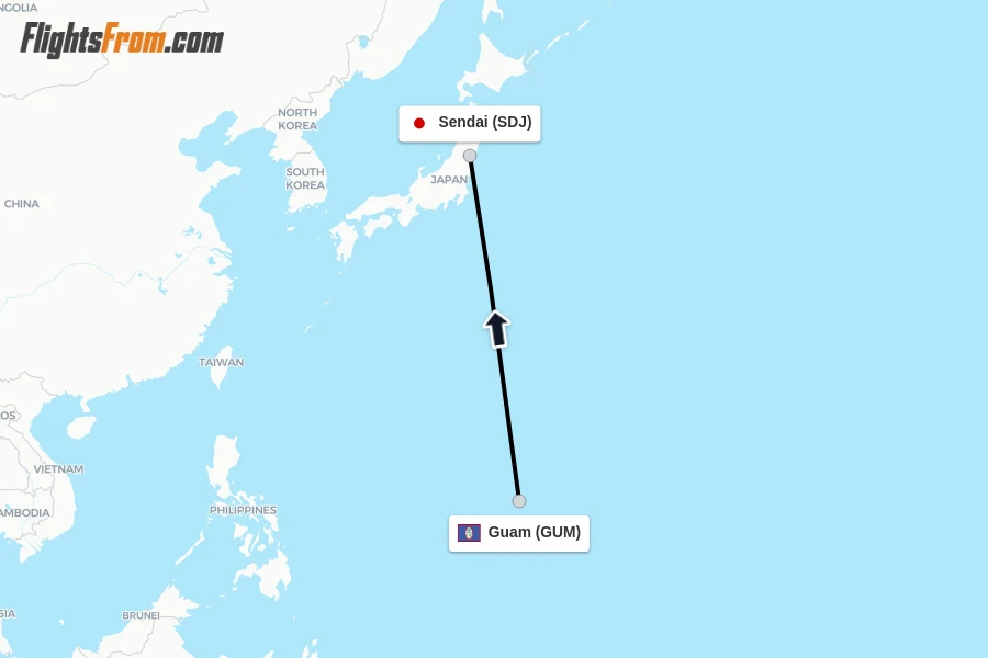 Flights from Guam to Sendai route map