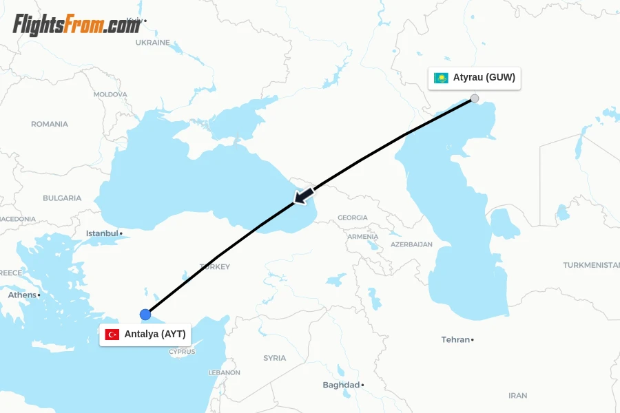 Flights from Atyrau to Antalya route map