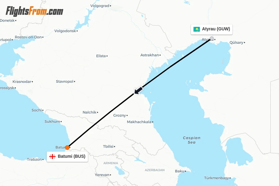 Flights from Atyrau to Batumi route map