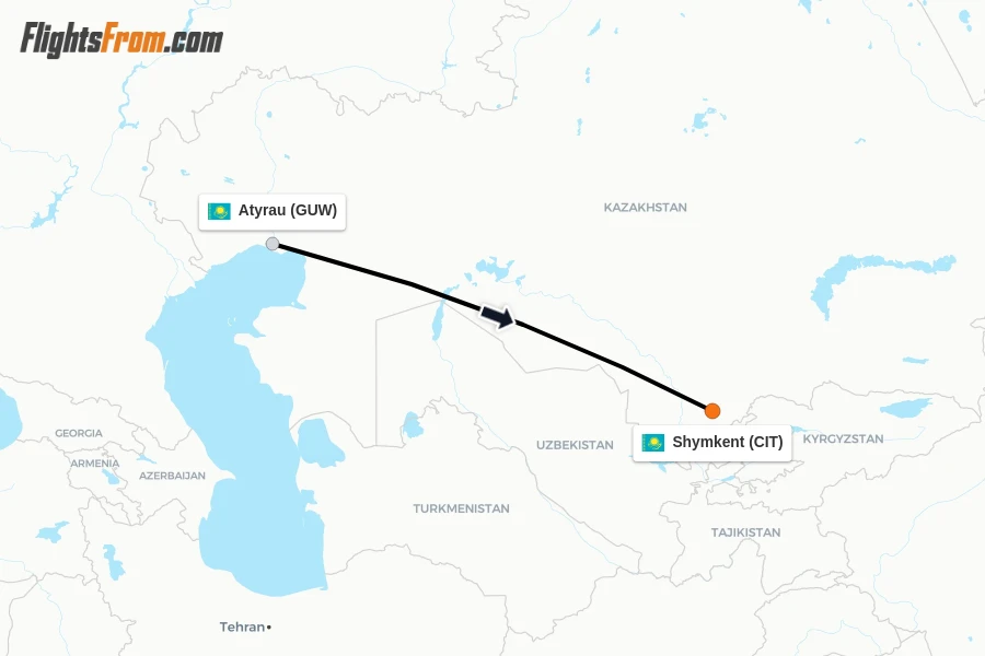 Flights from Atyrau to Shymkent route map