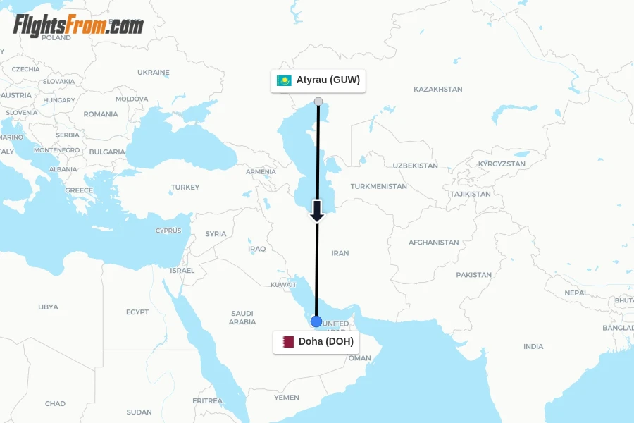 Flights from Atyrau to Doha route map