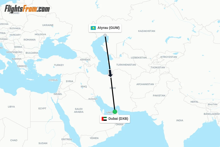Flights from Atyrau to Dubai route map