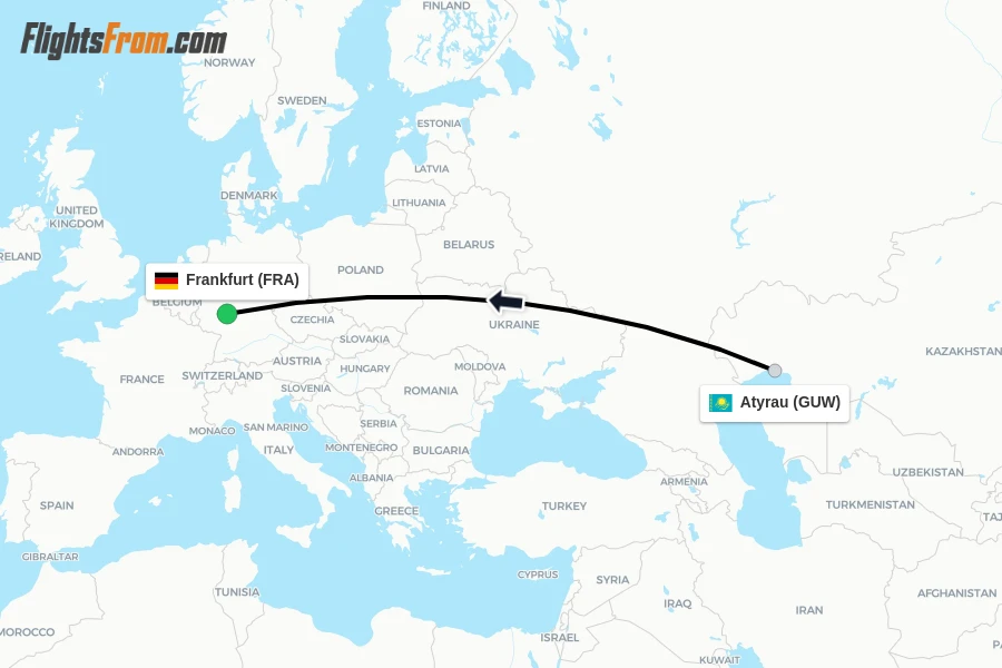 Flights from Atyrau to Frankfurt route map