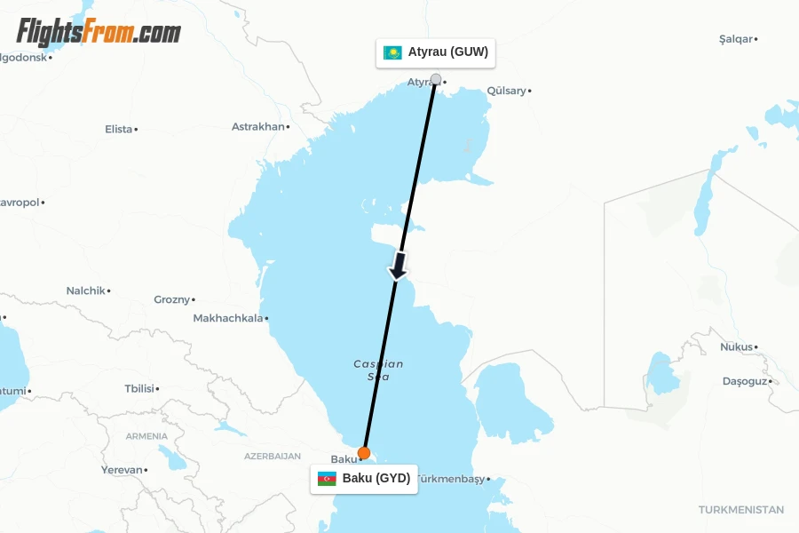 Flights from Atyrau to Baku route map