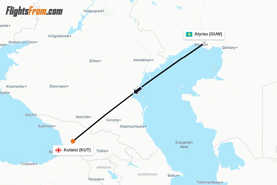 Flights from Atyrau to Kutaisi route map