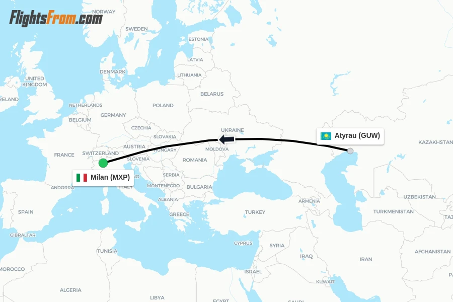 Flights from Atyrau to Milan route map