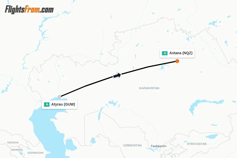 Flights from Atyrau to Astana route map