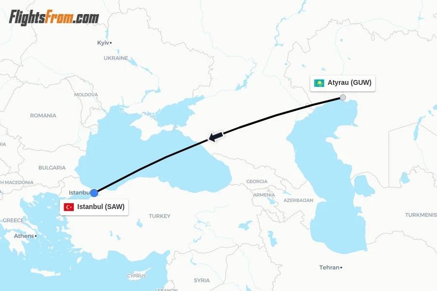 Flights from Atyrau to Istanbul route map