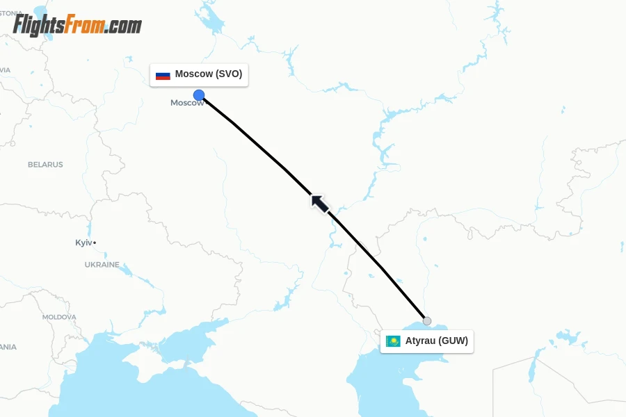 Flights from Atyrau to Moscow route map