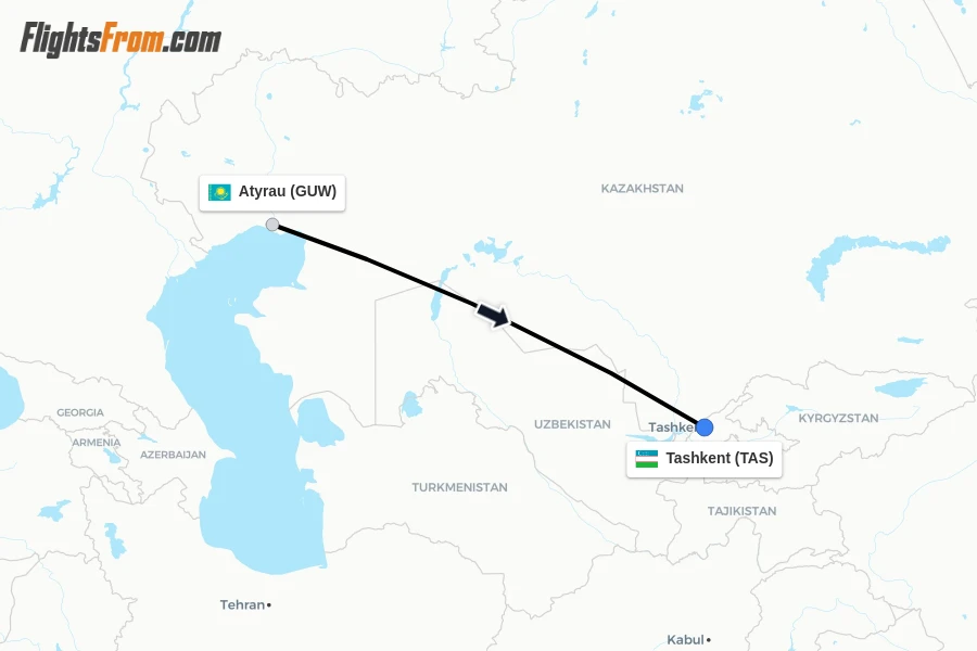 Flights from Atyrau to Tashkent route map