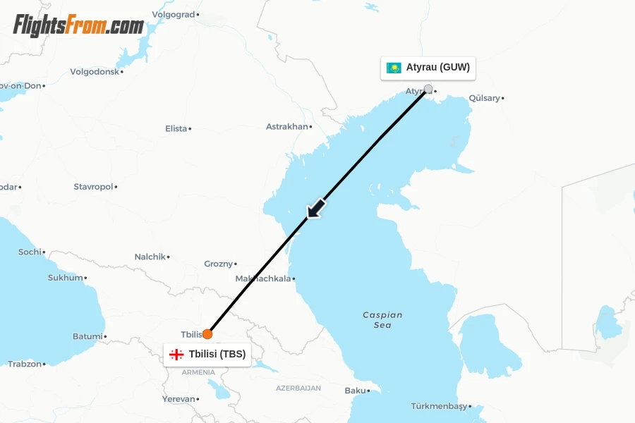 Flights from Atyrau to Tbilisi route map