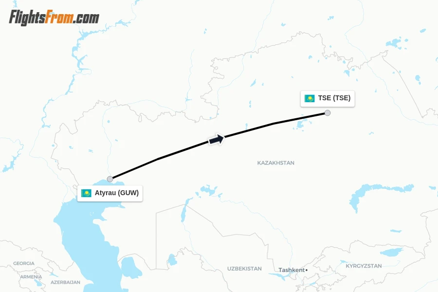 Flights from Atyrau to TSE route map