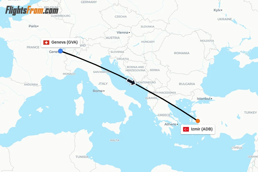 Flights from Geneva to Izmir route map
