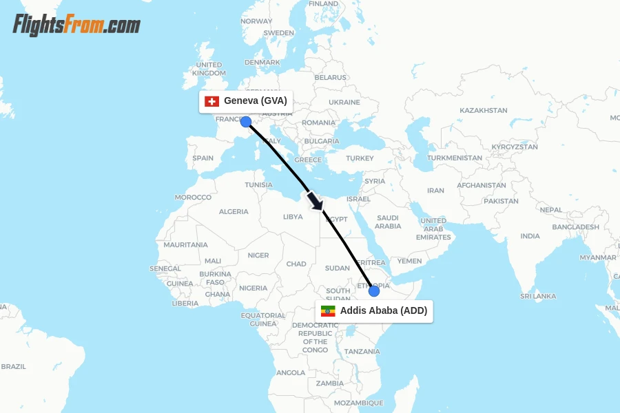 Flights from Geneva to Addis Ababa route map