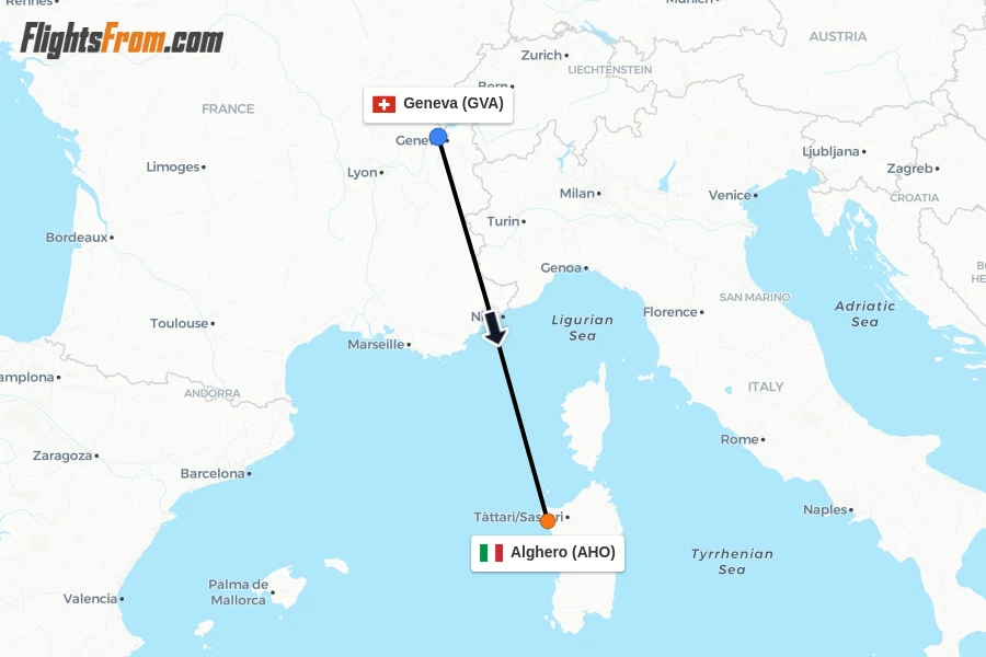 Flights from Geneva to Alghero route map