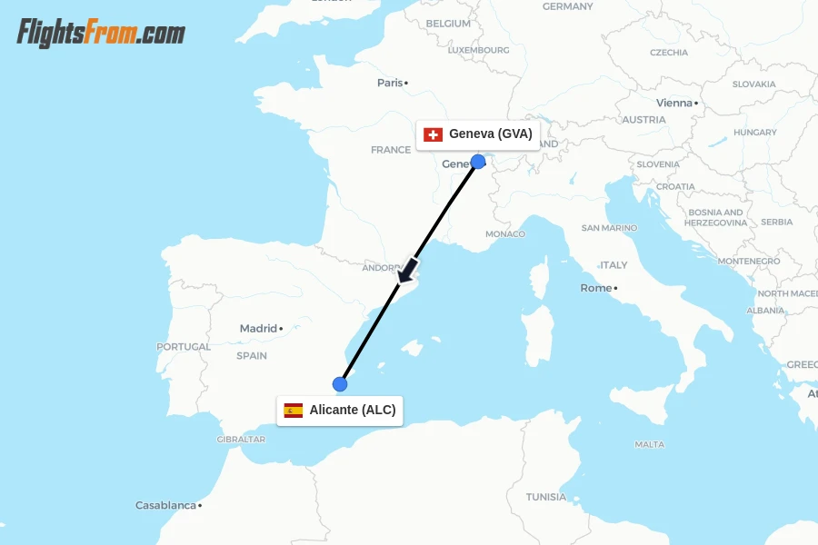Flights from Geneva to Alicante route map