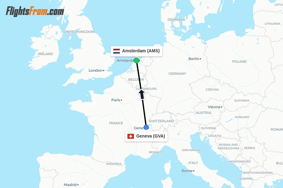 Flights from Geneva to Amsterdam route map