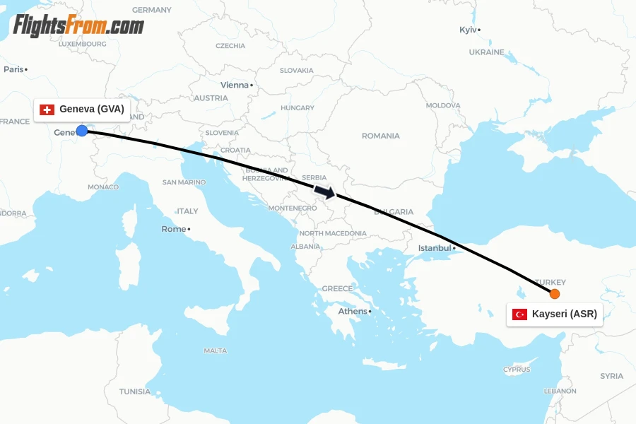 Flights from Geneva to Kayseri route map
