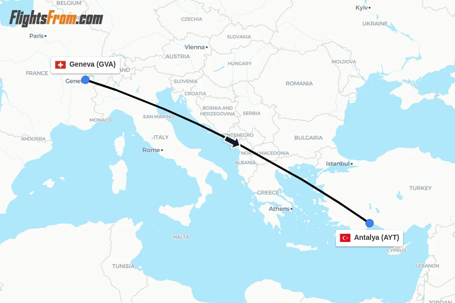 Flights from Geneva to Antalya route map