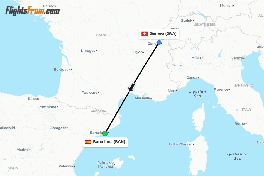 Flights from Geneva to Barcelona route map