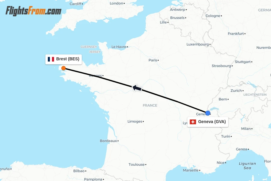 Flights from Geneva to Brest route map