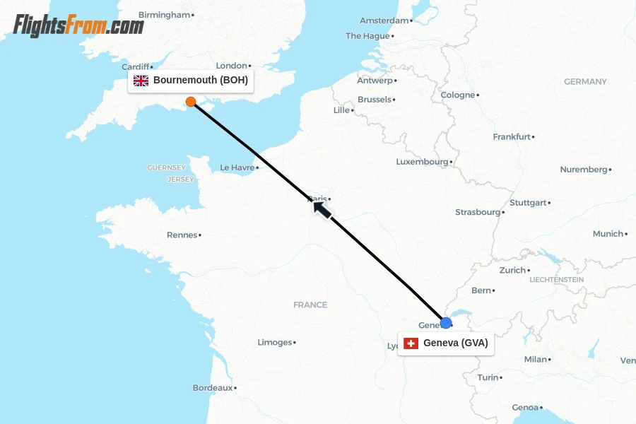 Flights from Geneva to Bournemouth route map