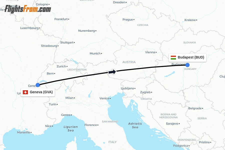 Flights from Geneva to Budapest route map