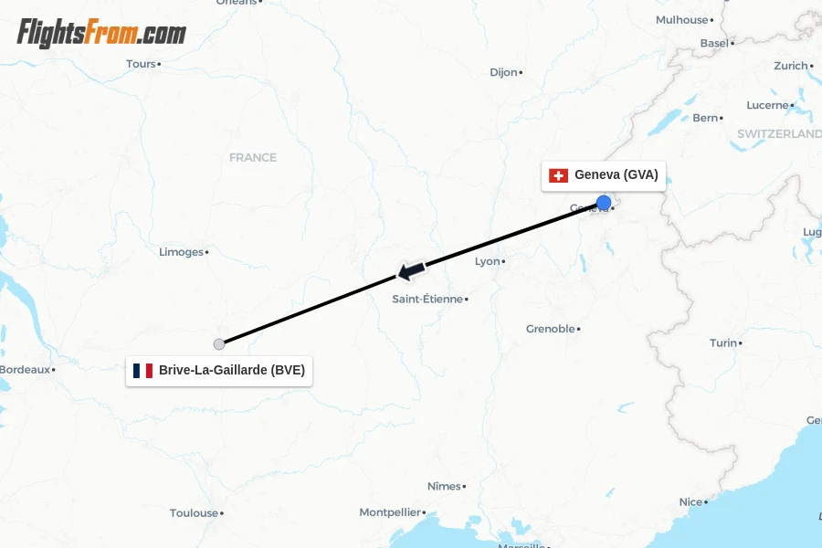 Flights from Geneva to Brive-La-Gaillarde route map