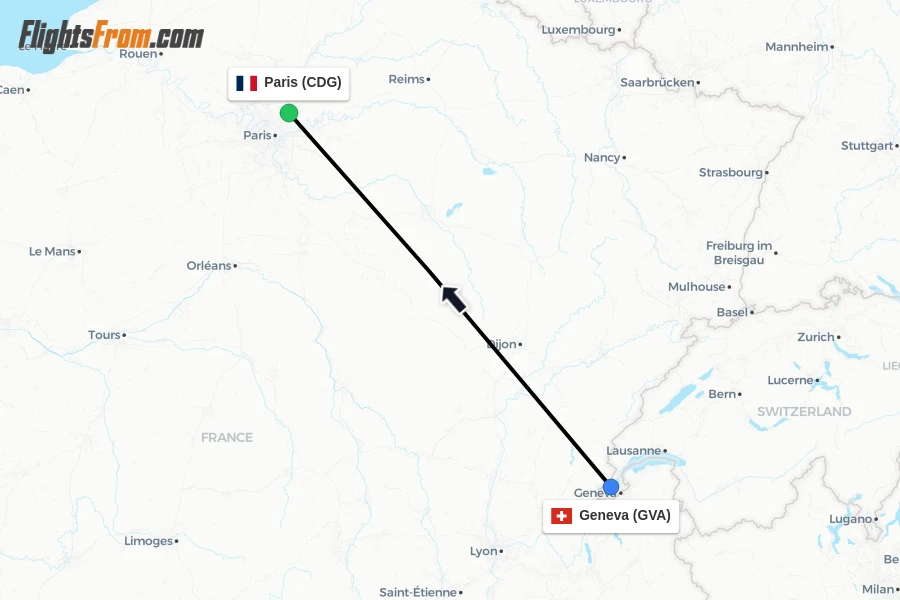 Flights from Geneva to Paris route map