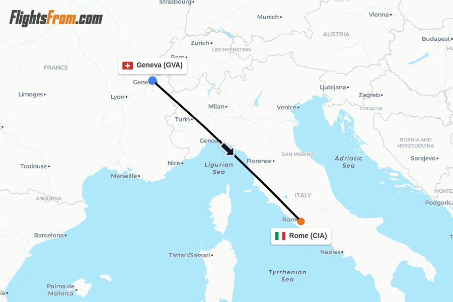Flights from Geneva to Rome route map