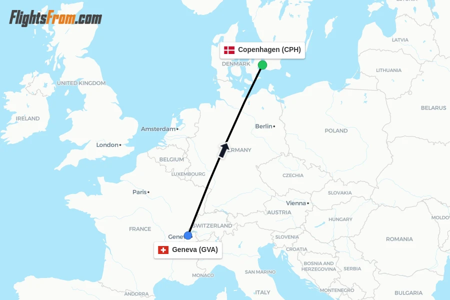 Flights from Geneva to Copenhagen route map